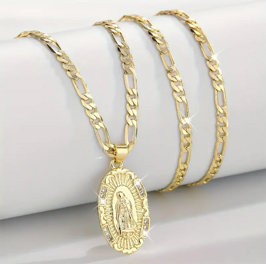 14K Gold Plated Guadalupe Virgin Mary Oval Zircon Inlay Pendant Necklace